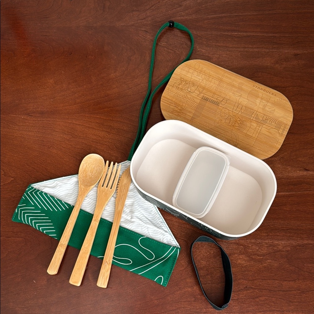 Starbucks Bamboo Bento Box with Green Sleeve and Utensils